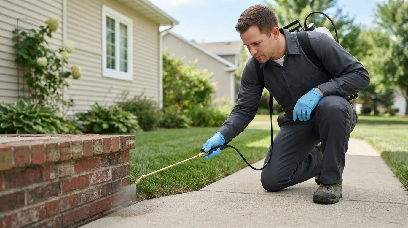 Pest control technician treating a home near Hague, ND