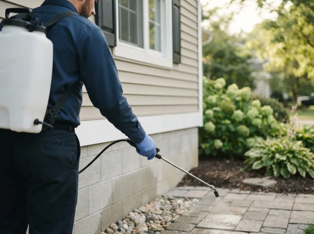 Pest control technician inspecting a home in Hague, ND